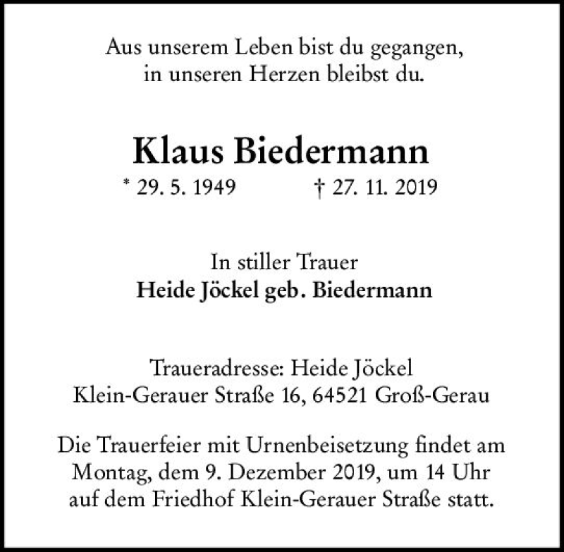  Traueranzeige für Klaus Biedermann vom 07.12.2019 aus vrm-trauer