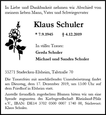 Traueranzeige von Klaus Schuler von vrm-trauer
