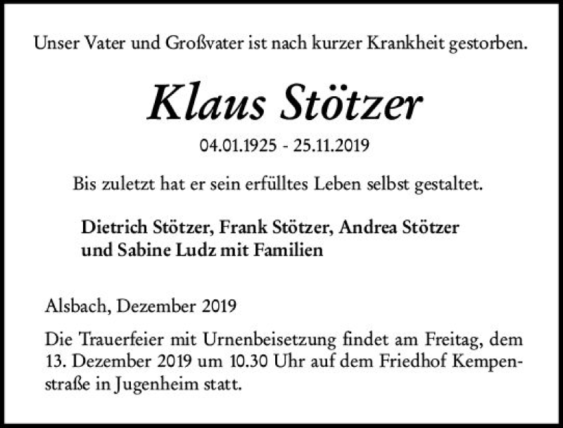  Traueranzeige für Klaus Stötzer vom 07.12.2019 aus vrm-trauer