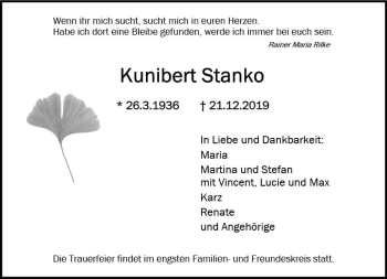Traueranzeige von Kunibert Stanko von vrm-trauer