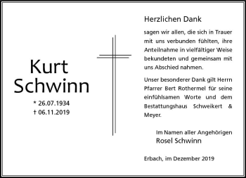 Traueranzeige von Kurt Schwinn von vrm-trauer
