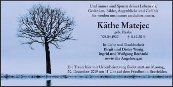 Traueranzeige von Käthe Matejec von vrm-trauer