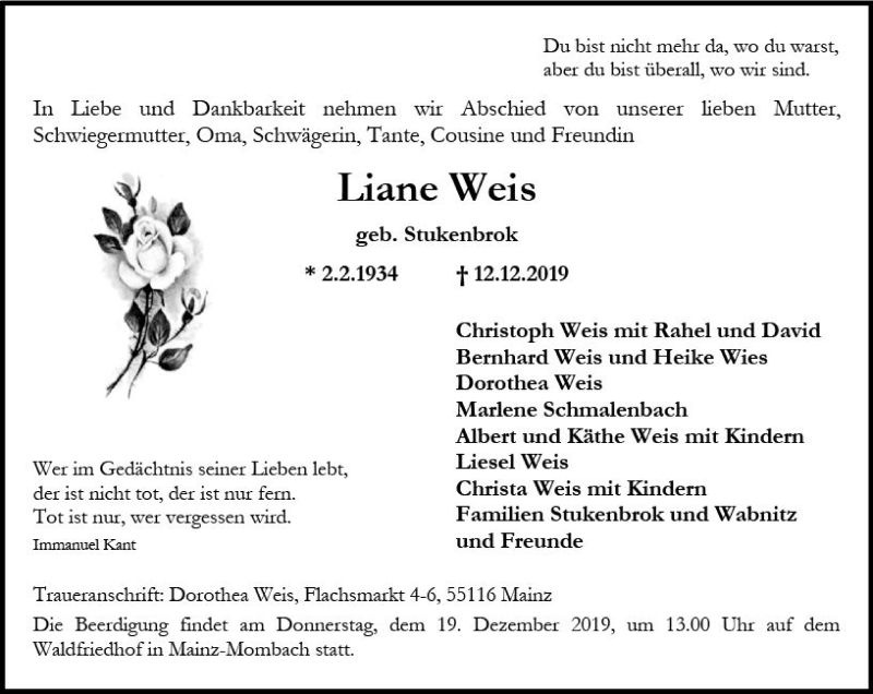  Traueranzeige für Liane Weis vom 14.12.2019 aus vrm-trauer