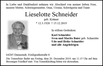 Traueranzeige von Lieselotte Schneider von vrm-trauer