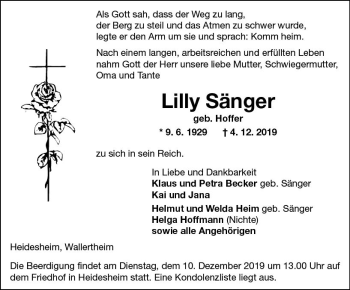 Traueranzeige von Lilly Sänger von vrm-trauer