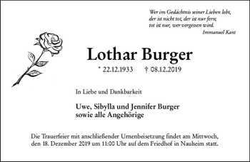 Traueranzeige von Lothar Burger von vrm-trauer