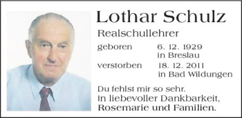Traueranzeige von Lothar Schulz von vrm-trauer