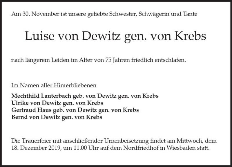  Traueranzeige für Luise von Dewitz vom 07.12.2019 aus vrm-trauer