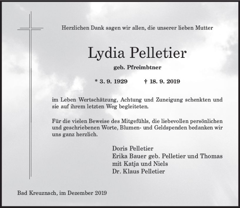  Traueranzeige für Lydia Pelletier vom 14.12.2019 aus vrm-trauer