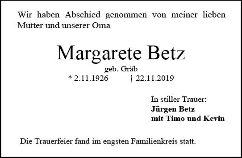  Traueranzeige für Margarete Betz vom 07.12.2019 aus vrm-trauer