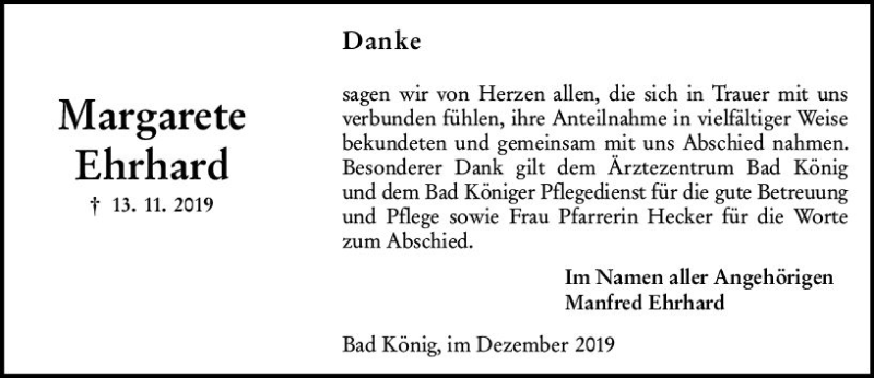  Traueranzeige für Margarete Ehrhard vom 14.12.2019 aus vrm-trauer