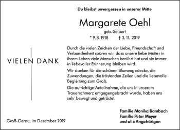 Traueranzeige von Margarete Oehl von vrm-trauer
