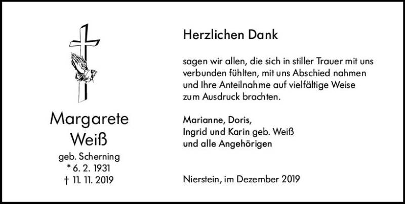  Traueranzeige für Margarete Weiß vom 28.12.2019 aus vrm-trauer