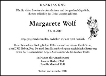 Traueranzeige von Margarete Wolf von vrm-trauer