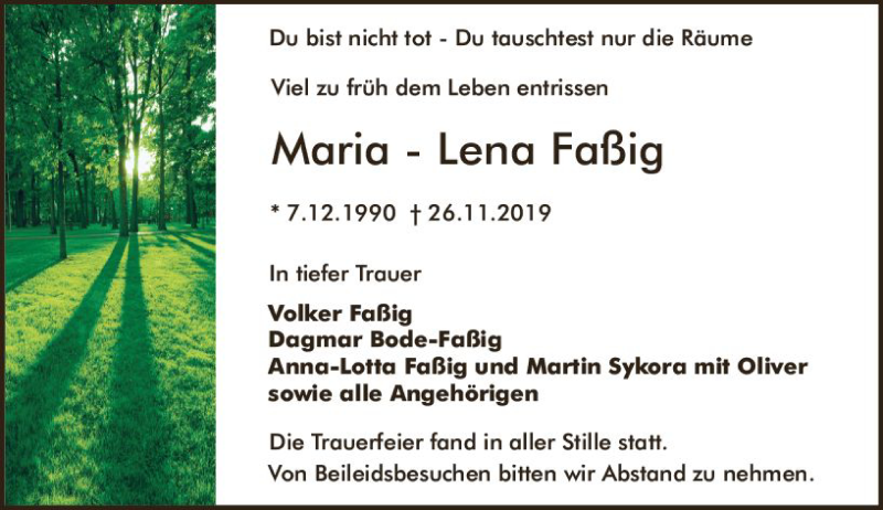  Traueranzeige für Maria-Lena Faßig vom 14.12.2019 aus vrm-trauer