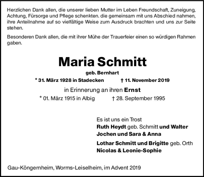  Traueranzeige für Maria Schmitt vom 14.12.2019 aus vrm-trauer