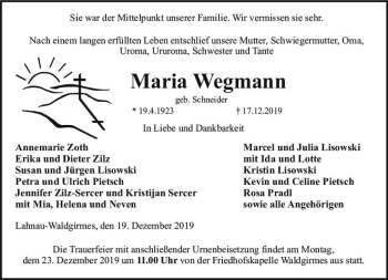 Traueranzeige von Maria Wegmann von  Wetzlarer Neue Zeitung