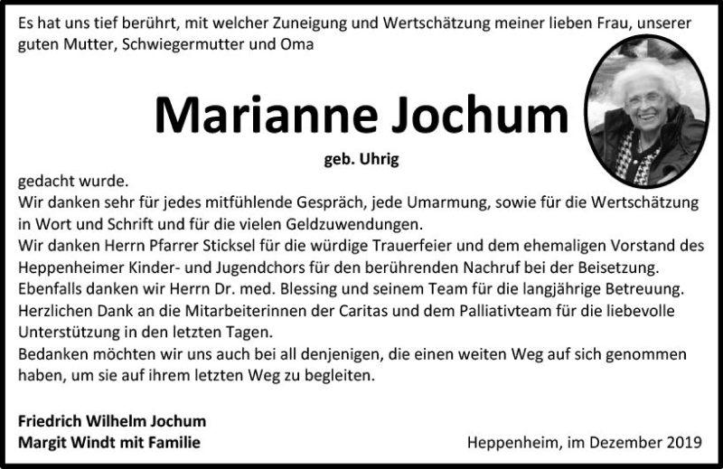  Traueranzeige für Marianne Jochum vom 21.12.2019 aus vrm-trauer