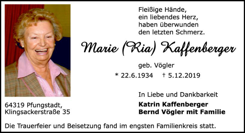  Traueranzeige für Marie Kaffenberger vom 14.12.2019 aus vrm-trauer