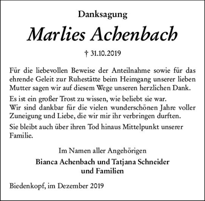  Traueranzeige für Marlies Achenbach vom 19.12.2019 aus  Hinterländer Anzeiger