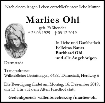 Traueranzeige von Marlies Ohl von vrm-trauer