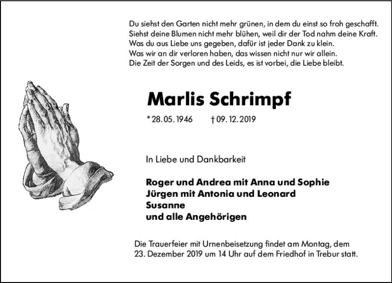  Traueranzeige für Marlis Schrimpf vom 18.12.2019 aus vrm-trauer