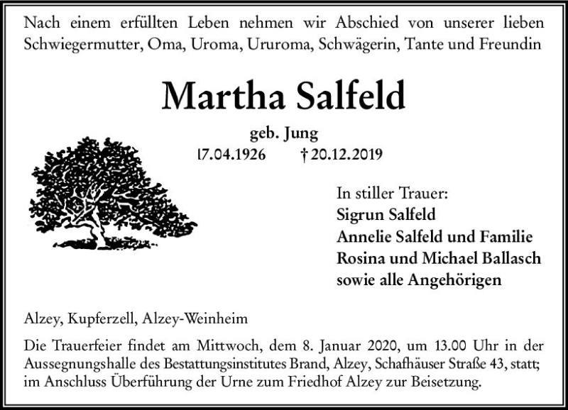  Traueranzeige für Martha Salfeld vom 28.12.2019 aus vrm-trauer