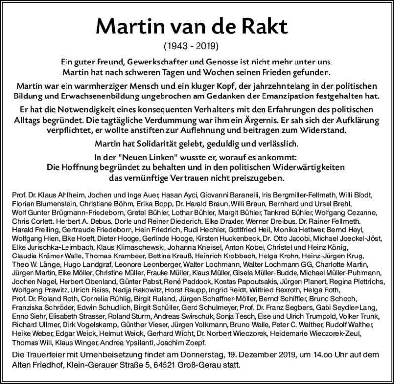  Traueranzeige für Martin van de Rakt vom 07.12.2019 aus vrm-trauer