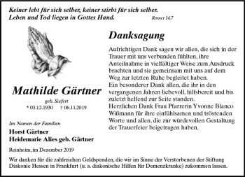 Traueranzeige von Mathilde Gärtner von vrm-trauer