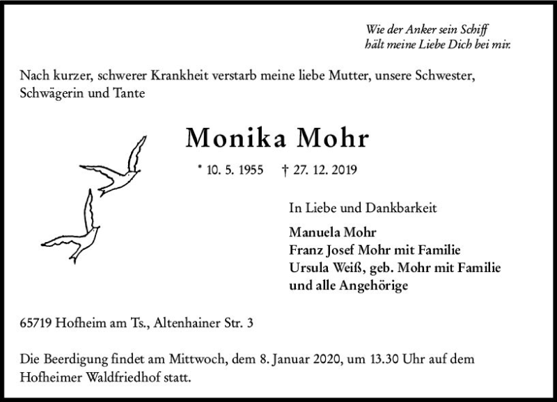  Traueranzeige für Monika Mohr vom 31.12.2019 aus vrm-trauer
