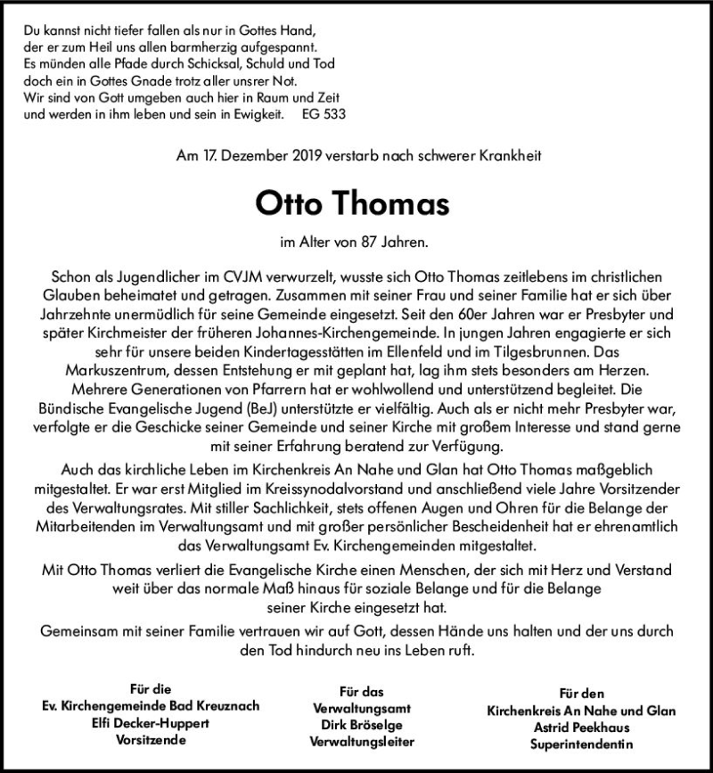  Traueranzeige für Otto Thomas vom 21.12.2019 aus vrm-trauer