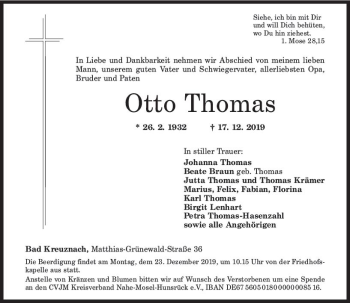 Traueranzeige von Otto Thomas von vrm-trauer