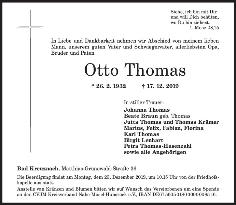  Traueranzeige für Otto Thomas vom 20.12.2019 aus vrm-trauer