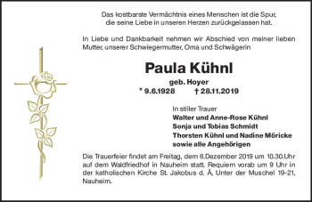Traueranzeige von Paula Kühnl von vrm-trauer