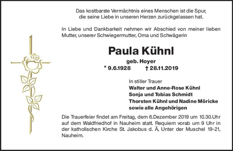  Traueranzeige für Paula Kühnl vom 03.12.2019 aus vrm-trauer