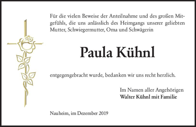  Traueranzeige für Paula Kühnl vom 14.12.2019 aus vrm-trauer
