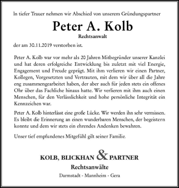 Traueranzeige von Peter A. Kolb von vrm-trauer