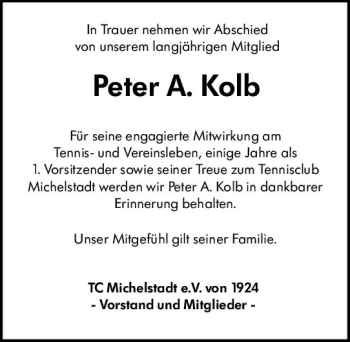Traueranzeige von Peter A. Kolb von vrm-trauer