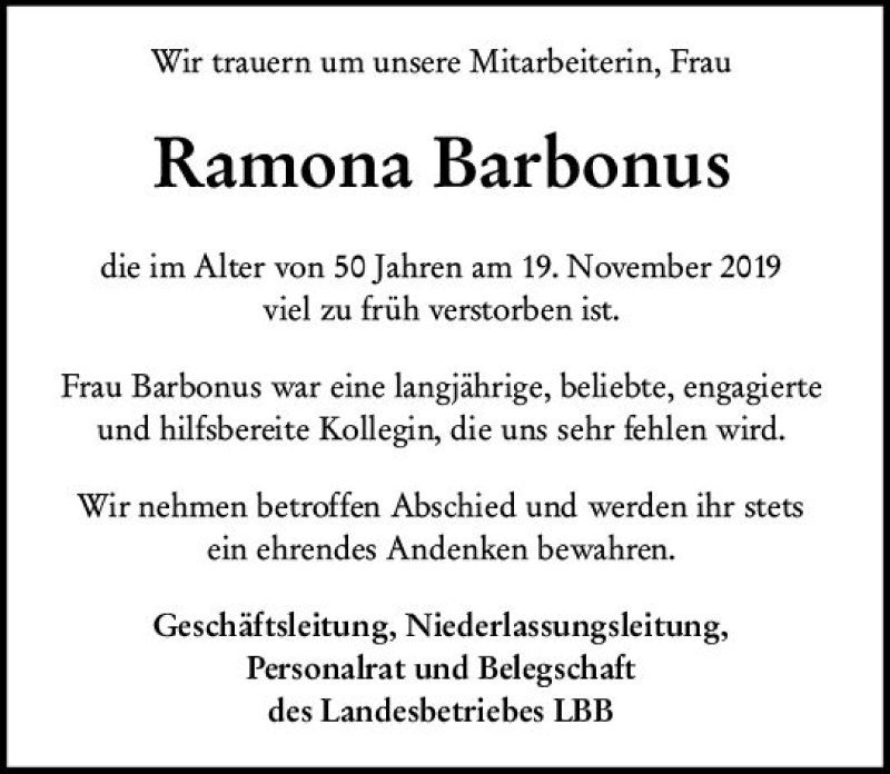  Traueranzeige für Ramona Barbonus vom 03.12.2019 aus vrm-trauer