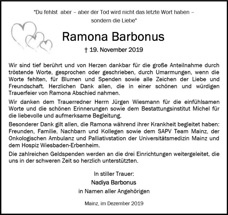  Traueranzeige für Ramona Barbonus vom 14.12.2019 aus vrm-trauer
