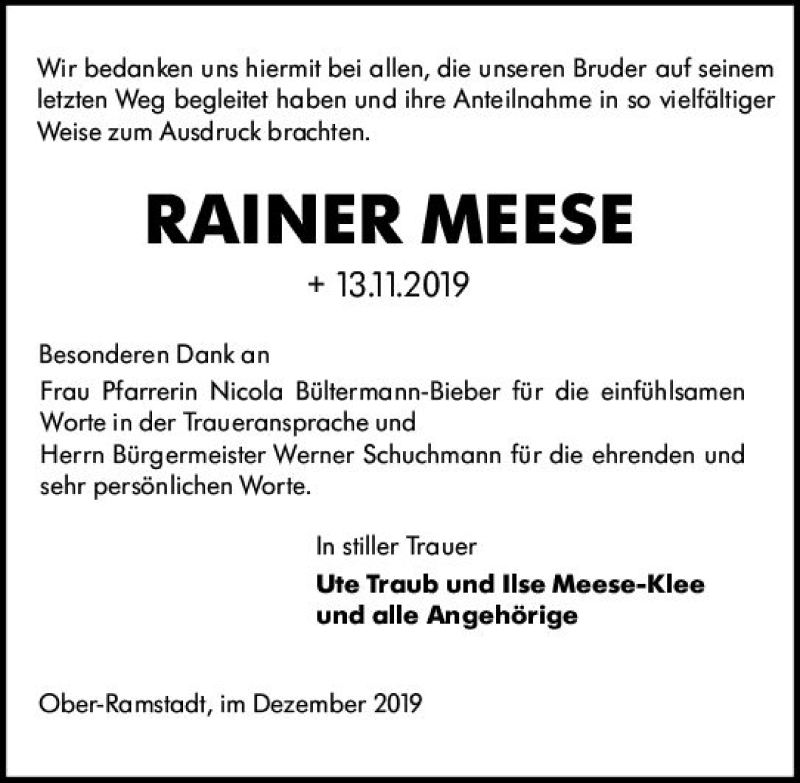  Traueranzeige für Raner Meese vom 14.12.2019 aus vrm-trauer