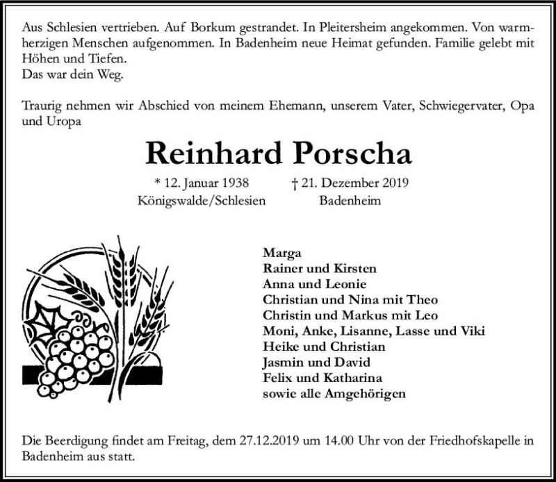  Traueranzeige für Reinhard Porscha vom 23.12.2019 aus vrm-trauer
