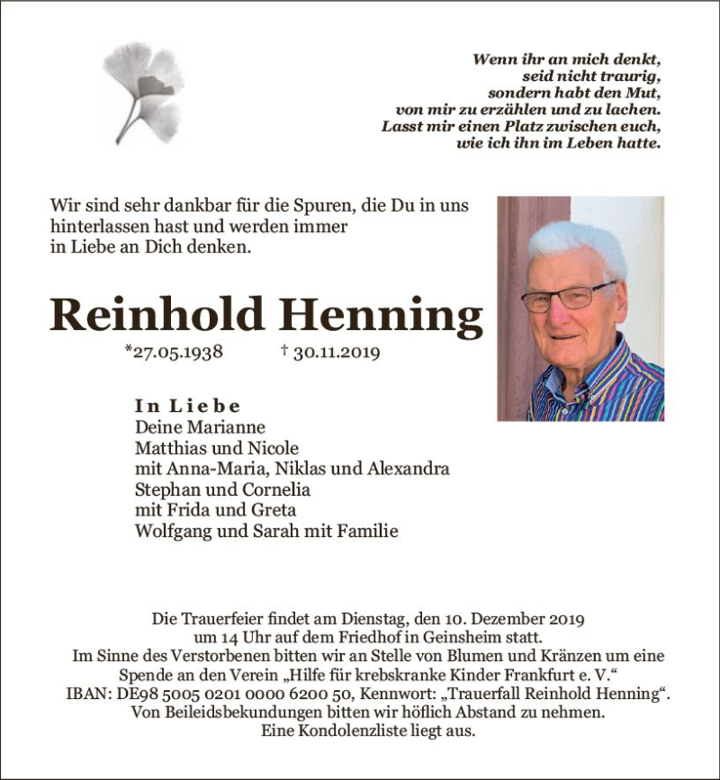  Traueranzeige für Reinhold Henning vom 07.12.2019 aus vrm-trauer