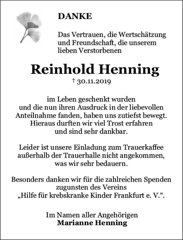  Traueranzeige für Reinhold Henning vom 21.12.2019 aus vrm-trauer