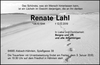 Traueranzeige von Renate Lahl von vrm-trauer