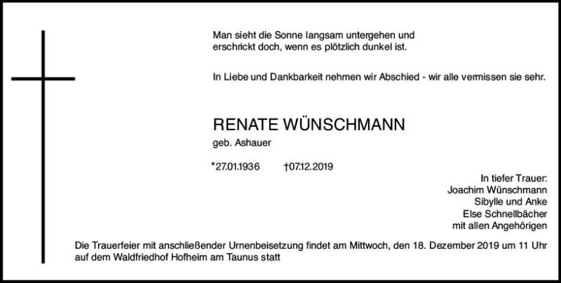  Traueranzeige für Renate Wünschmann vom 13.12.2019 aus vrm-trauer