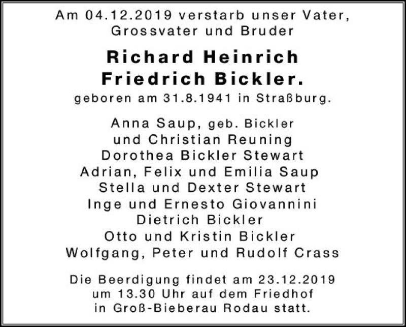  Traueranzeige für Richard Heinrich Friedrich Bickler vom 19.12.2019 aus vrm-trauer