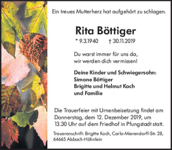 Traueranzeige von Rita Böttiger von vrm-trauer