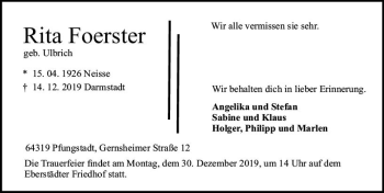 Traueranzeige von Rita Foerster von vrm-trauer