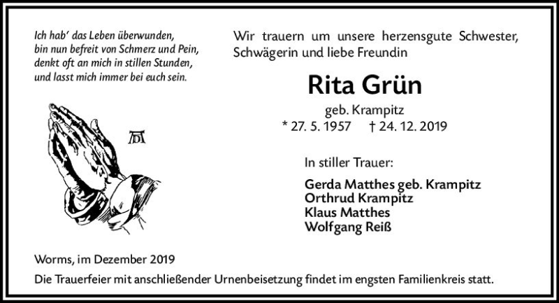  Traueranzeige für Rita Grün vom 28.12.2019 aus vrm-trauer